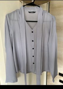 Shein Gray Tie-Neck Blouse