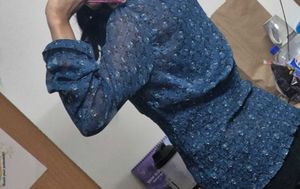 Elegant Navy Blue Floral Sheer Top – Size L