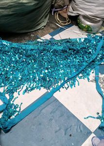 Blue Fringe Frill Belly Dance top Wrap Skirt