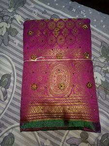 Kanjeevaram Brocade Purple Beads &amp; Stones Saree Wi