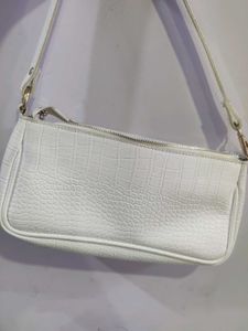 White Croc-Embossed Shoulder Bag
