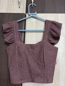 Brown Ruffle Sleeve Crop Top