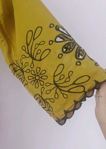 🌼 Mustard Yellow cut work Kurti Set with Black Du