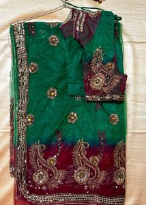 Green-Mehroon Designer Net PartyWear Sare