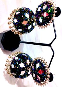 Black Jhumka With Mirror And Bead Work