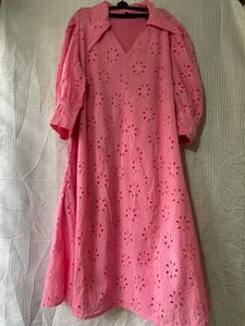 Pink Cotton Eyelet A-Line Dress with Puff Sleeves