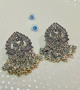 Silver Tone Peacock Jhumka Earrings
