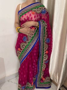 Magenta Saree with Intricate Gold &amp; Blue Embroider