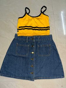 Cute Yellow Top &amp; Denim Skirt Set