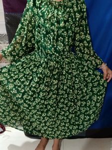 Green Floral Print Long Sleeve Dress