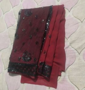 Maroon- Black Half Net Saree