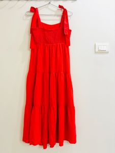 Red Shoulder Strap Gathered Fit &amp; Flare Dress