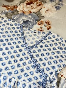 White &amp; Blue Printed Wrap Top