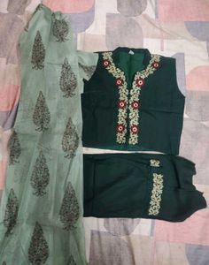 Embroidered Crop Top With Pant And Tissue Shrug