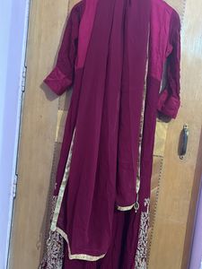 Maroon &amp; Gold Embroidered Anarkali Dress