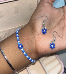 Blue Seed Beads Bracelet And Earrings Combo