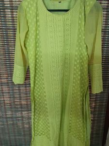 Lime Green Chickenkari long Kurti