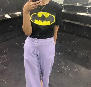 Purple Straight Pants And Black Tee