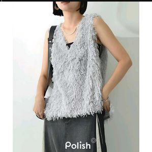 New With Tag Korean Fuzzy Grey Sleeveless Top
