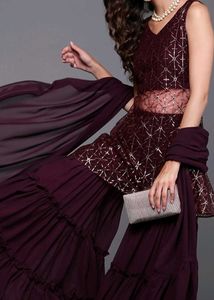 Women Net Sheer Kurta With Sharara And Dupatta
