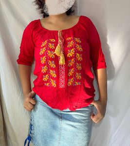Red Embroidered Top