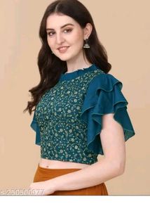 New L Size Floral Ruffle Sleeve Crop Top