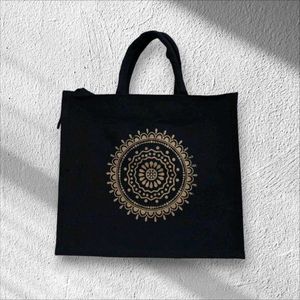 Beautiful Black Canvas Bag (Floral Rangoli) Design