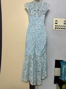 Elegant Light Blue Lace fish cut Dress