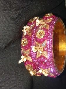 Pink Bangles With Silver Pearls And Golden Stones