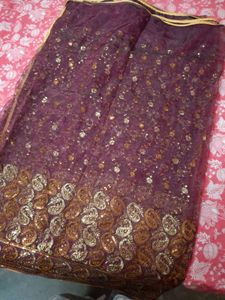 Stunning Purple Saree with Gold Embroidery &amp; Sequi