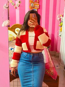 Red & Cream Crochet Patchwork Cardigan