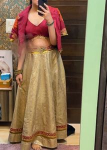 Designer Gold & Maroon Banarasi Lehenga Set