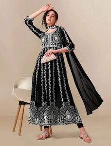 Black &amp; White Embroidered Anarkali
