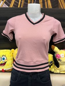 Mauve Varsity-Inspired Ribbed Knit Top