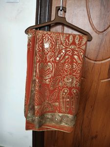Heavy Chipwork Orange Saree With Blouse