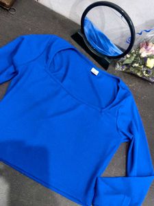 Blue Ribbed Fitted Crop Top