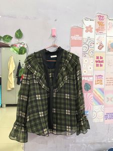Green Checked Flared Sleeve Top
