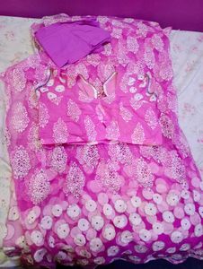 Pink Saree Set With Stitched Blouse And Peticoa
