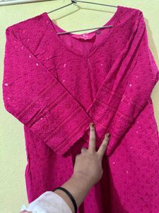 Purple Pink Embroidered Kurta Combo Set