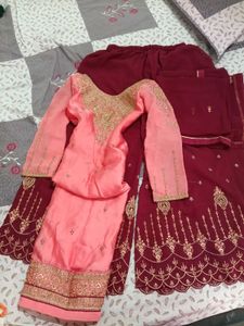 Circular Plazo Suit . Pink With Maroon Colour.