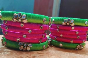 Green and Pink Silk Thread Bangles