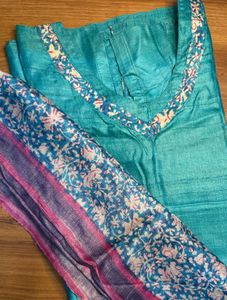 Teal & Blue Floral Tussar Silk Kurti Set
