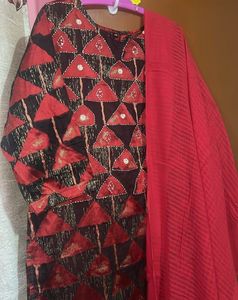 Red &amp; Black Printed Kurta with Dupatta