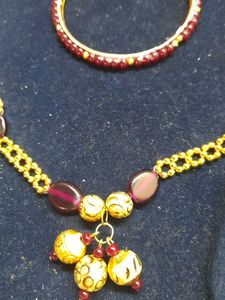 Purple &amp; Gold Beaded Necklace and Bangle Set