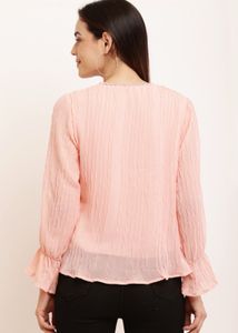 Peach Crinkle Tie-Neck Blouse