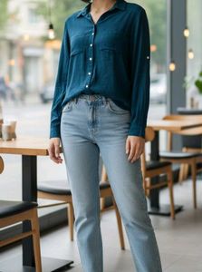 Blue Button-Down Loose Fit Top