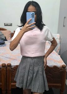 Pleated Plaid Mini Skirt And T- Shirt