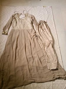 Brown Anarkali Dress Set With Pant And Dupatta
