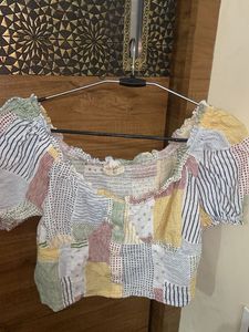 Patchwork Puff Sleeve Crop Top