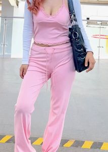 Pink Lace Trim Halter Top &amp; Flare Pant Set